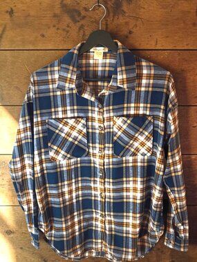 Passport Women's Plaid Flannel Shirt Sz S – Teal Golden Check – 100% Cotton NWT